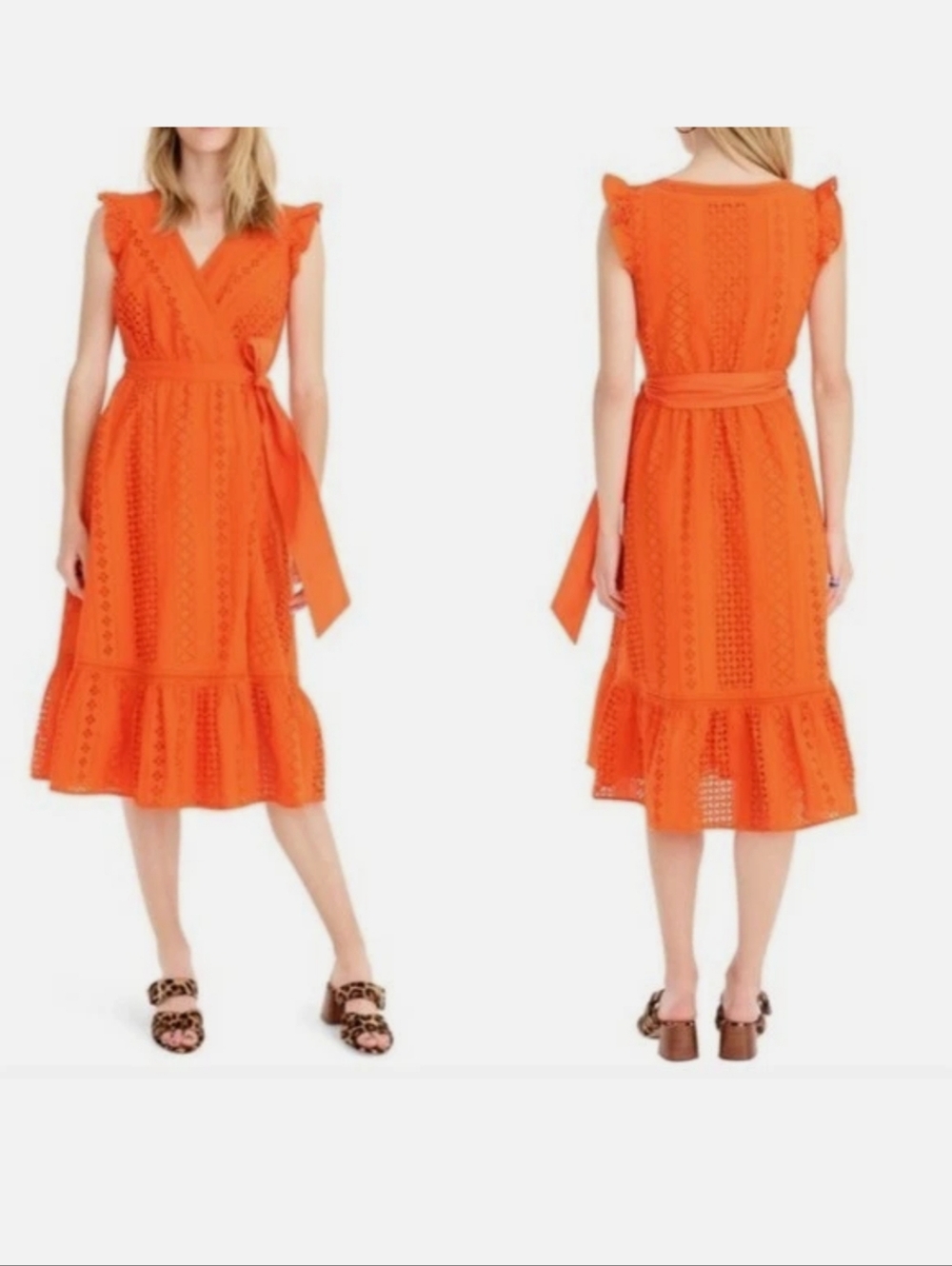 J. Crew Orange Eyelet Wrap Midi Dress with Waist Tie - Picture 2 of 12